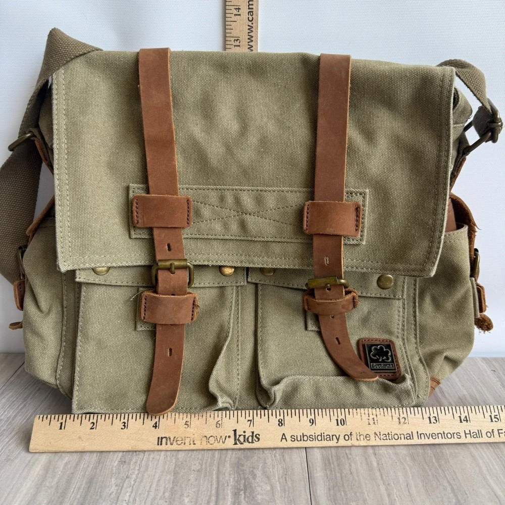 Sechunk Messenger Bag Olive Green Canvas Leather Trim Vintage Military Travel